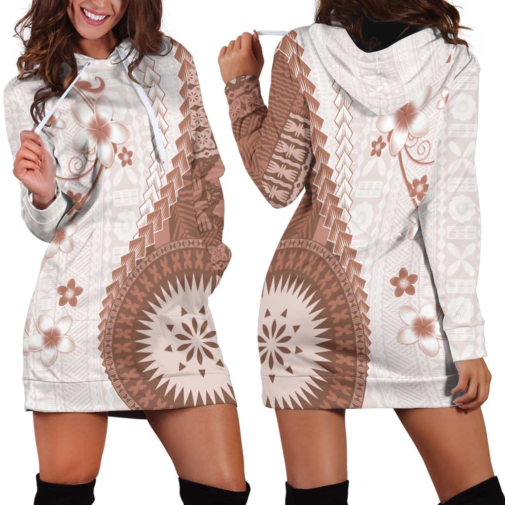 Bula Fiji Hoodie Dress Brown Plumeria Masi Tapa Pattern - Polynesian Pride