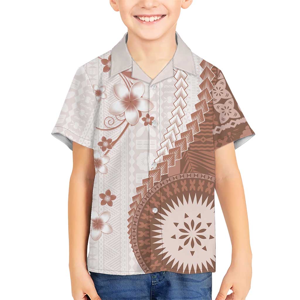 Bula Fiji Kid Hawaiian Shirt Brown Plumeria Masi Tapa Pattern - Polynesian Pride