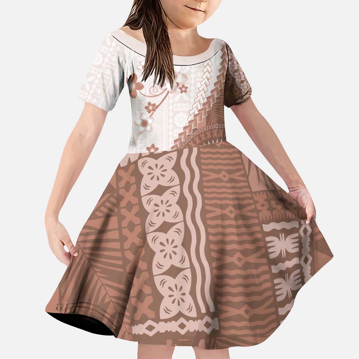 Bula Fiji Kid Short Sleeve Dress Brown Plumeria Masi Tapa Pattern - Polynesian Pride