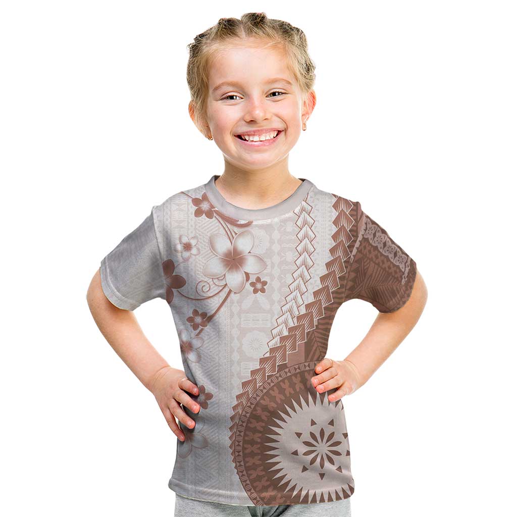Bula Fiji Kid T Shirt Brown Plumeria Masi Tapa Pattern - Polynesian Pride