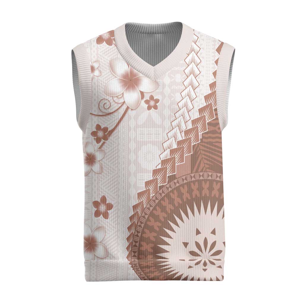 Bula Fiji Christmas Knitted V-Neck Vest Brown Plumeria Masi Tapa Pattern - Polynesian Pride
