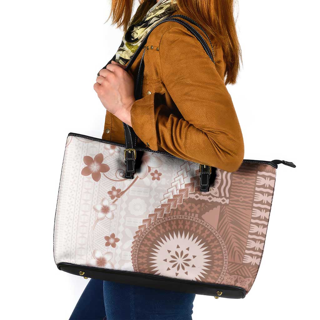 Bula Fiji Leather Tote Bag Brown Plumeria Masi Tapa Pattern LT05 Brown - Polynesian Pride