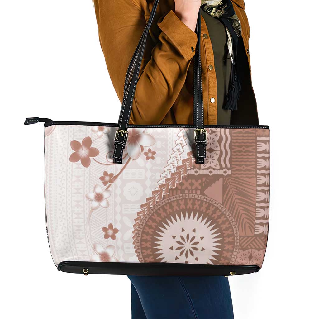 Bula Fiji Leather Tote Bag Brown Plumeria Masi Tapa Pattern LT05 - Polynesian Pride