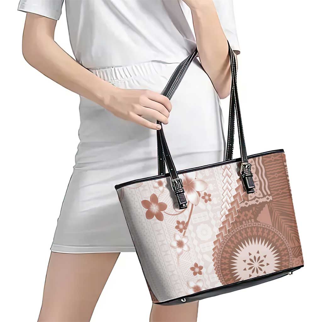Bula Fiji Leather Tote Bag Brown Plumeria Masi Tapa Pattern LT05 - Polynesian Pride