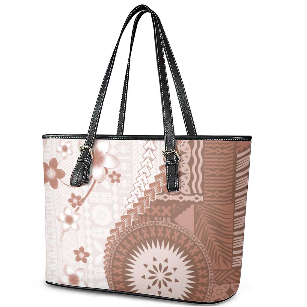 Bula Fiji Leather Tote Bag Brown Plumeria Masi Tapa Pattern LT05 - Polynesian Pride