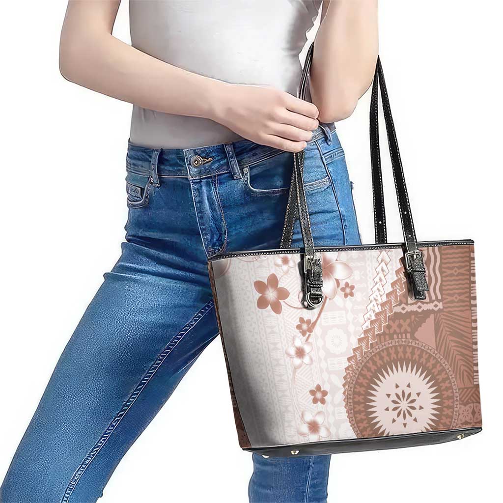Bula Fiji Leather Tote Bag Brown Plumeria Masi Tapa Pattern LT05 - Polynesian Pride