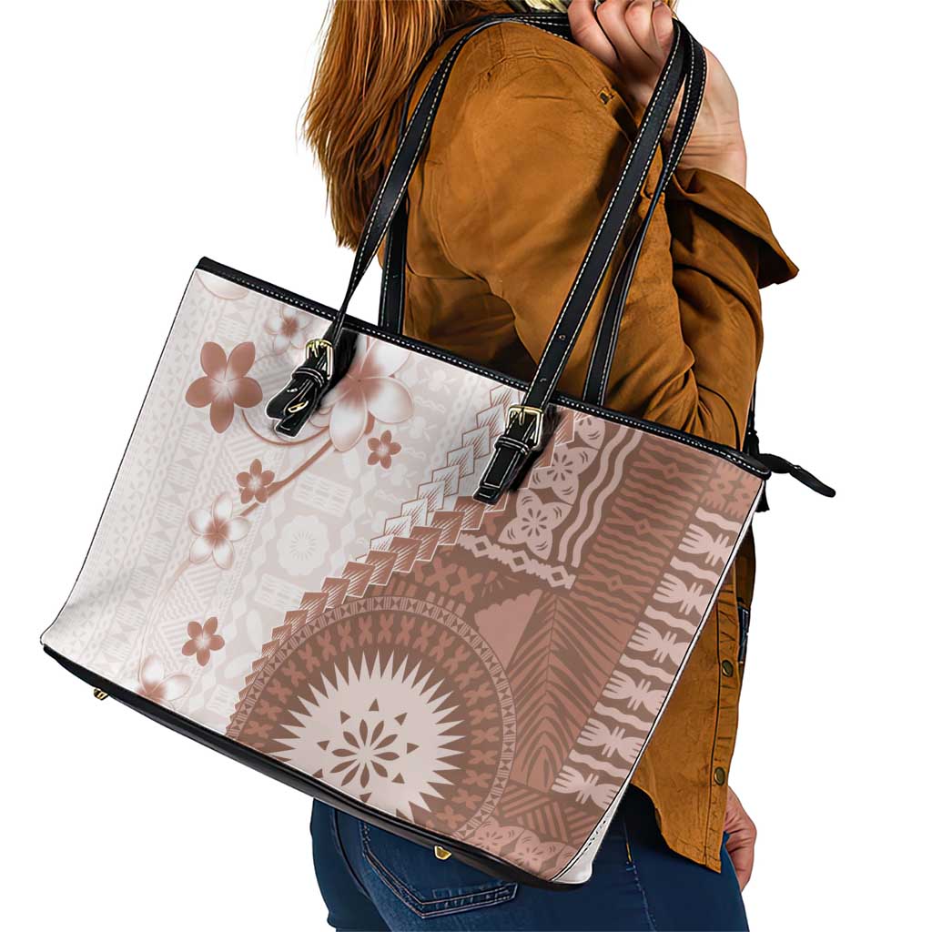 Bula Fiji Leather Tote Bag Brown Plumeria Masi Tapa Pattern LT05 - Polynesian Pride