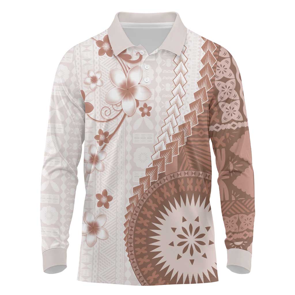 Bula Fiji Long Sleeve Polo Shirt Brown Plumeria Masi Tapa Pattern - Polynesian Pride