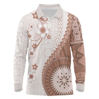 Bula Fiji Long Sleeve Polo Shirt Brown Plumeria Masi Tapa Pattern - Polynesian Pride