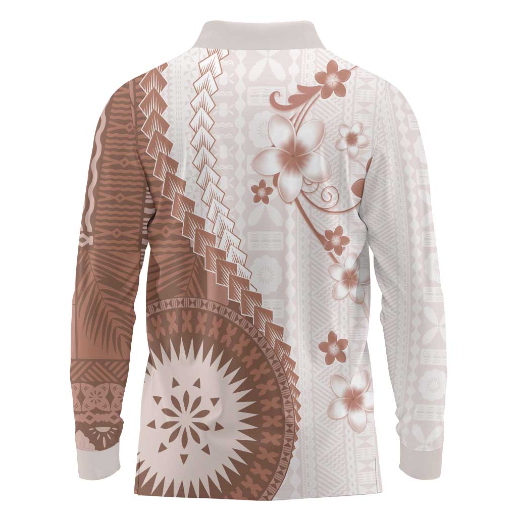 Bula Fiji Long Sleeve Polo Shirt Brown Plumeria Masi Tapa Pattern - Polynesian Pride