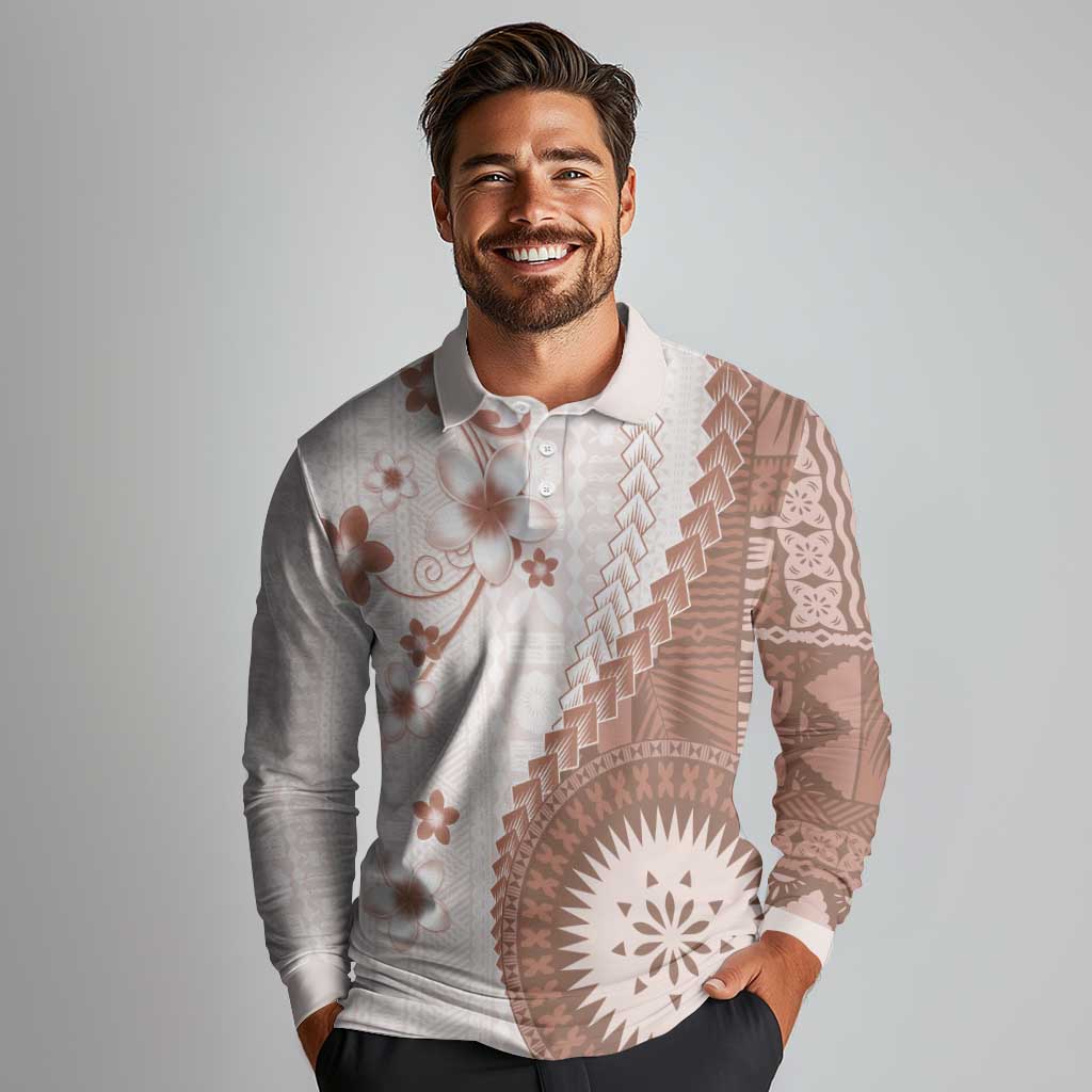 Bula Fiji Long Sleeve Polo Shirt Brown Plumeria Masi Tapa Pattern - Polynesian Pride