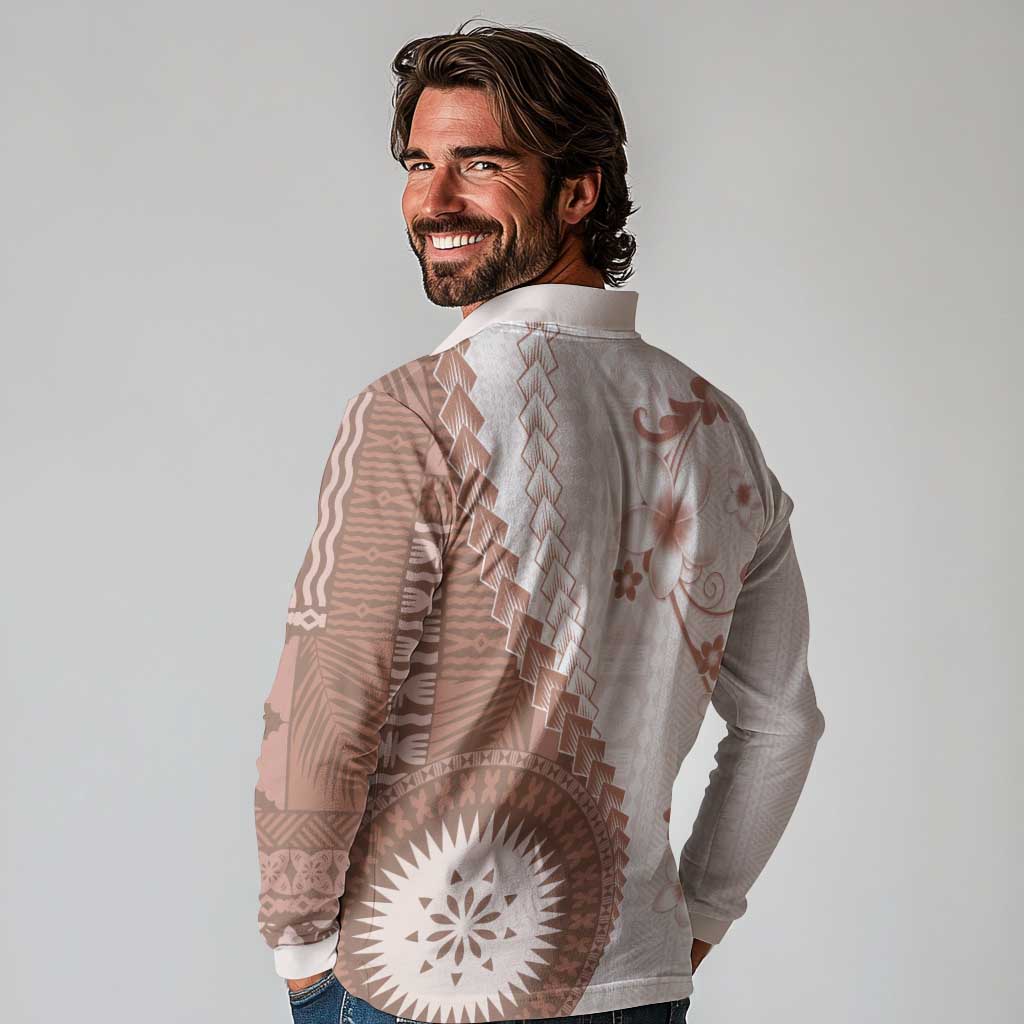 Bula Fiji Long Sleeve Polo Shirt Brown Plumeria Masi Tapa Pattern - Polynesian Pride