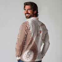 Bula Fiji Long Sleeve Polo Shirt Brown Plumeria Masi Tapa Pattern - Polynesian Pride