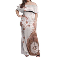 Bula Fiji Off Shoulder Maxi Dress Brown Plumeria Masi Tapa Pattern LT05 Women Brown - Polynesian Pride