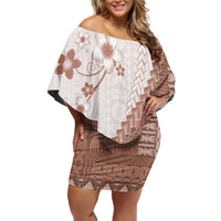 Bula Fiji Off Shoulder Short Dress Brown Plumeria Masi Tapa Pattern LT05 Women Brown - Polynesian Pride