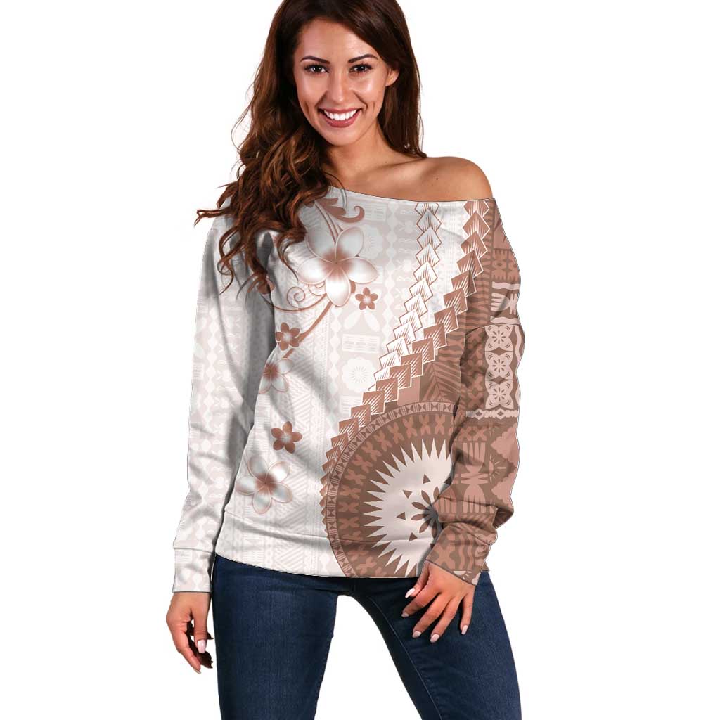 Bula Fiji Off Shoulder Sweater Brown Plumeria Masi Tapa Pattern - Polynesian Pride