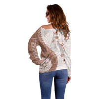 Bula Fiji Off Shoulder Sweater Brown Plumeria Masi Tapa Pattern LT05 - Polynesian Pride