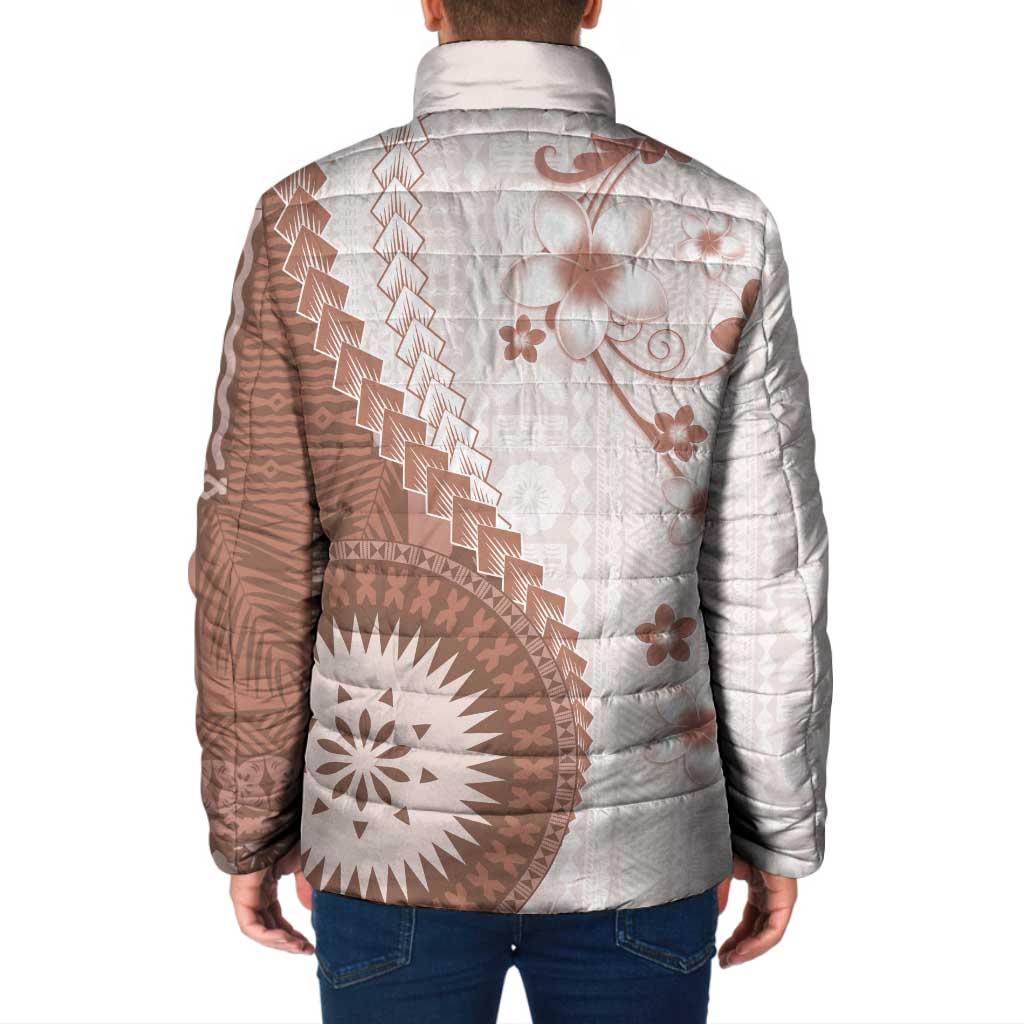 Bula Fiji Padded Jacket Brown Plumeria Masi Tapa Pattern - Polynesian Pride