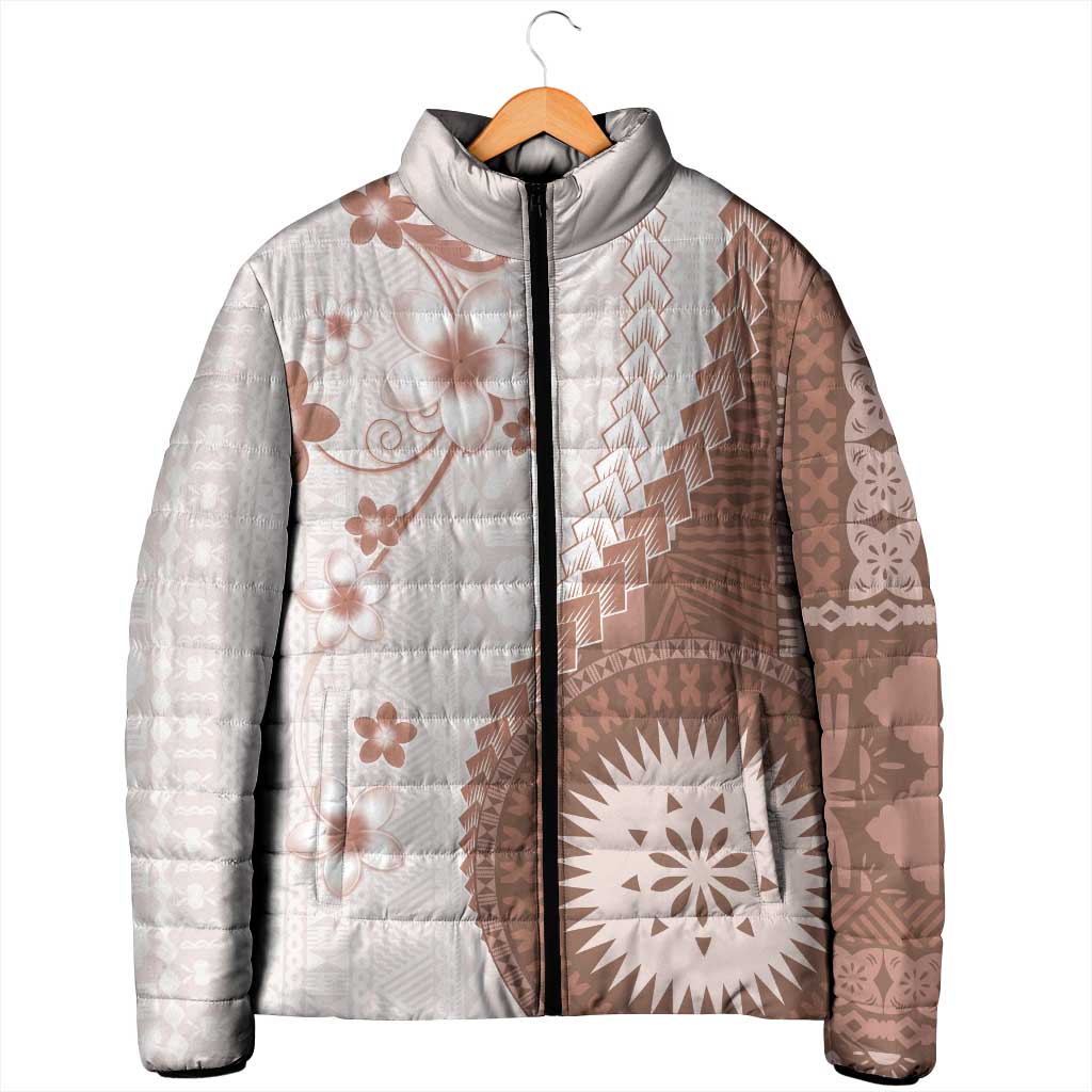 Bula Fiji Padded Jacket Brown Plumeria Masi Tapa Pattern - Polynesian Pride