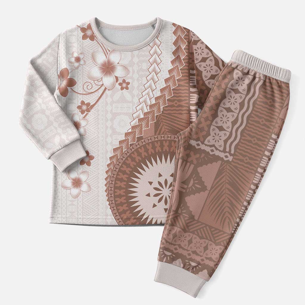 Bula Fiji Christmas Pajama Set Brown Plumeria Masi Tapa Pattern - Polynesian Pride