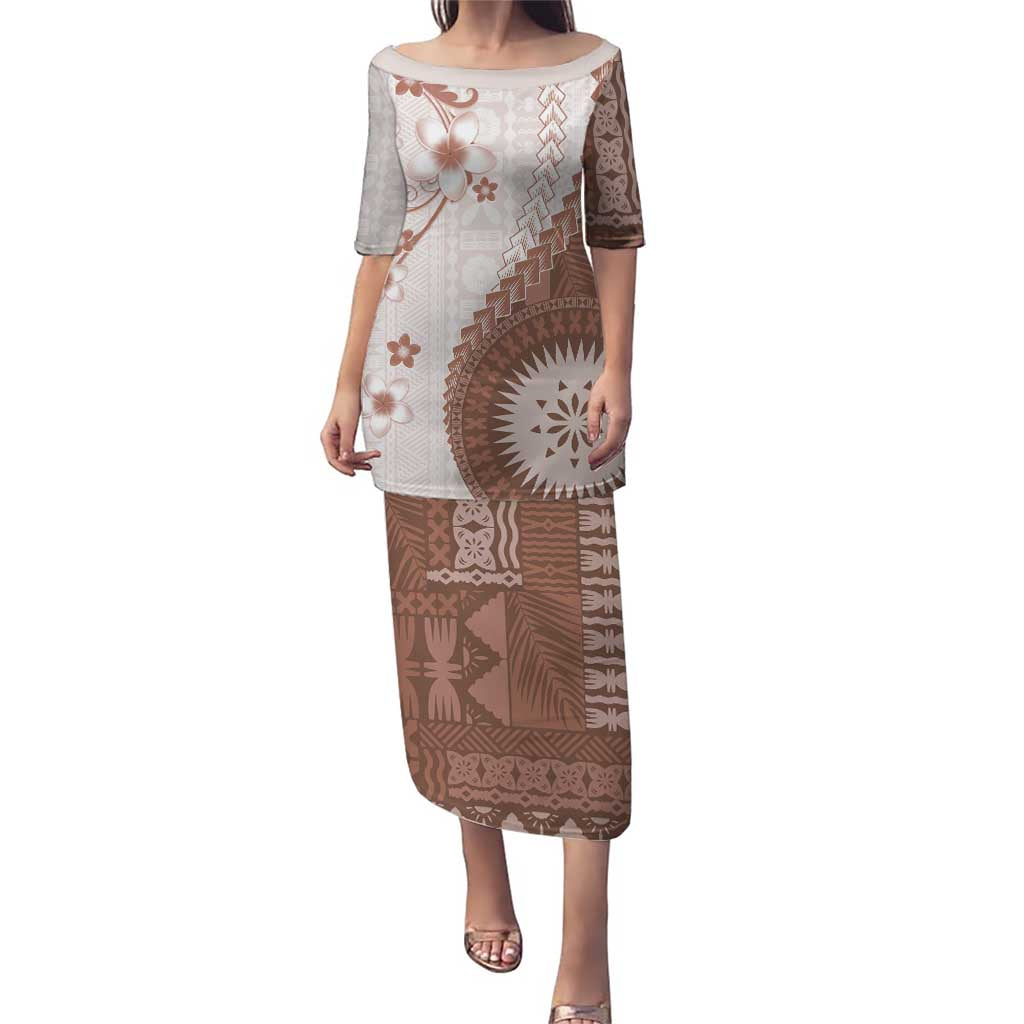 Bula Fiji Puletasi Brown Plumeria Masi Tapa Pattern - Polynesian Pride