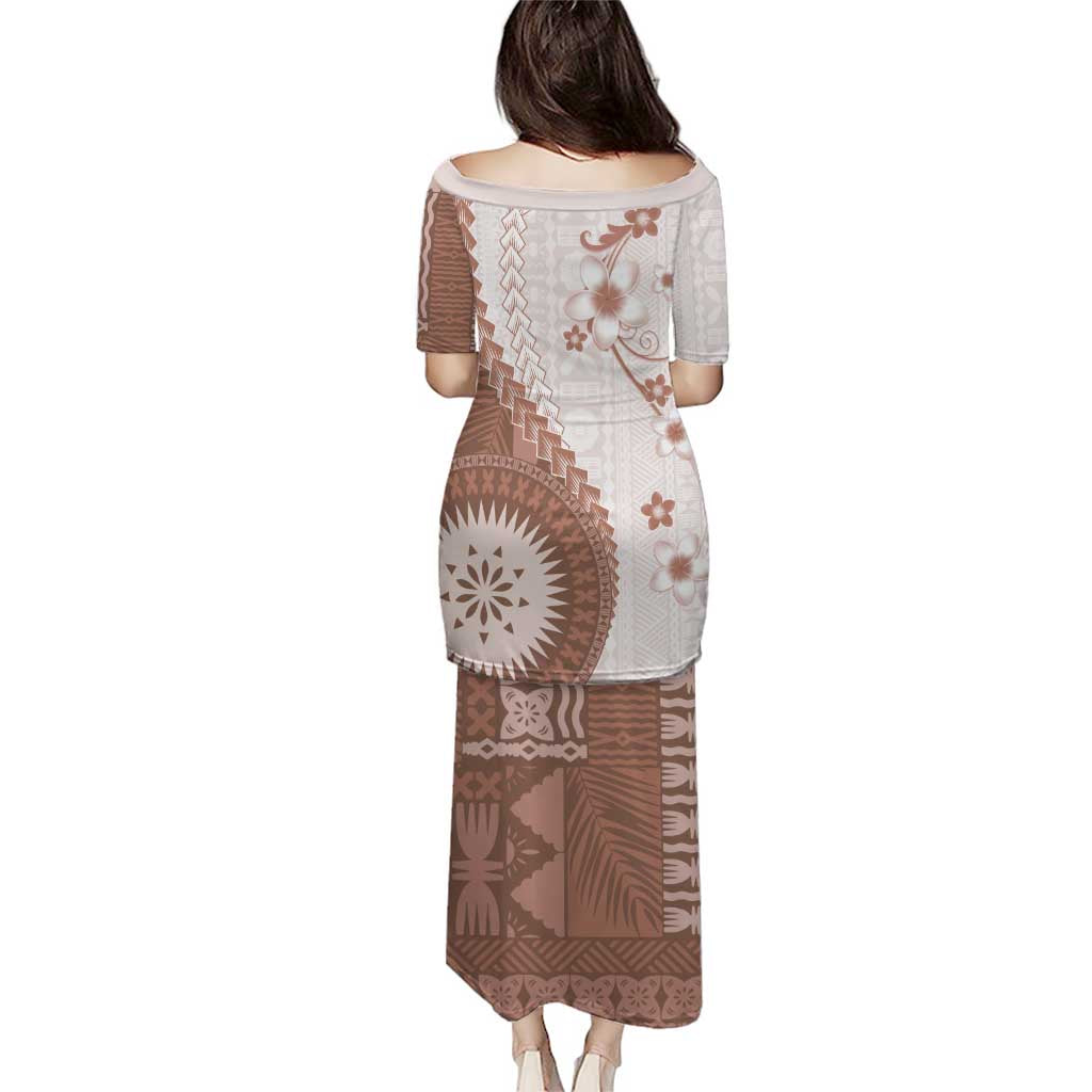 Bula Fiji Puletasi Brown Plumeria Masi Tapa Pattern - Polynesian Pride