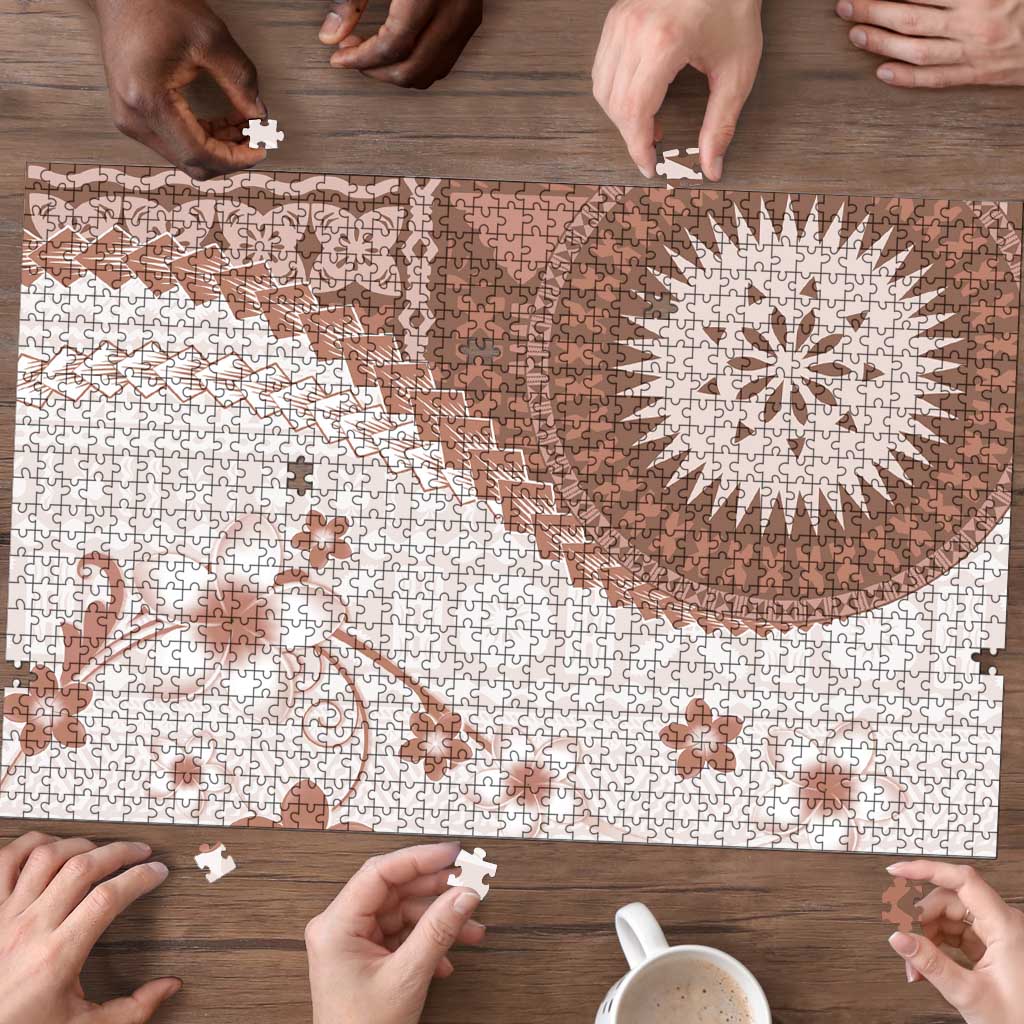 Bula Fiji Puzzle Brown Plumeria Masi Tapa Pattern - Polynesian Pride