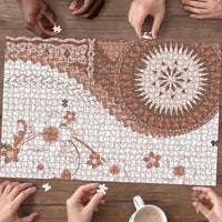 Bula Fiji Puzzle Brown Plumeria Masi Tapa Pattern - Polynesian Pride