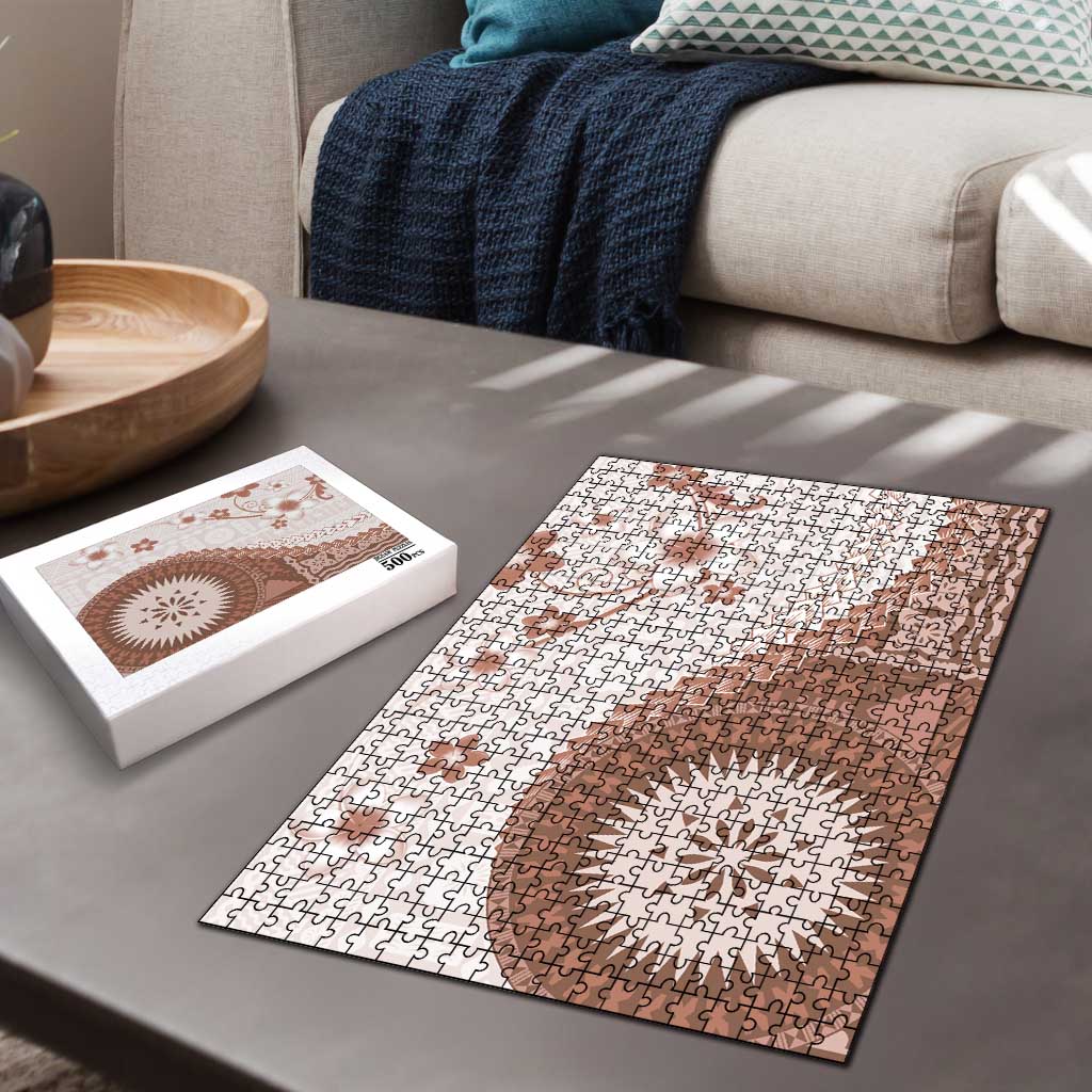 Bula Fiji Puzzle Brown Plumeria Masi Tapa Pattern - Polynesian Pride