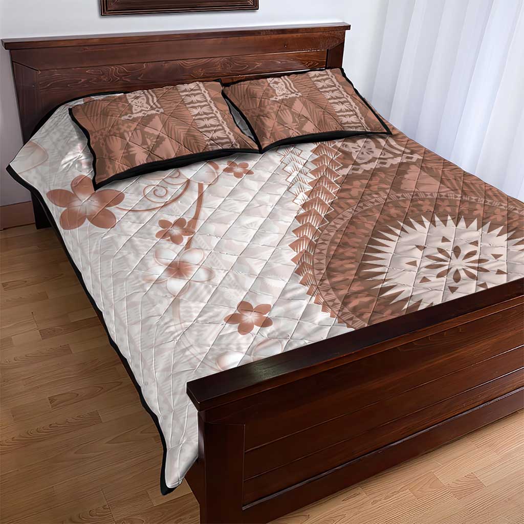 Bula Fiji Quilt Bed Set Brown Plumeria Masi Tapa Pattern - Polynesian Pride