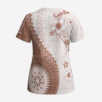 Bula Fiji Scrub Top Brown Plumeria Masi Tapa Pattern - Polynesian Pride