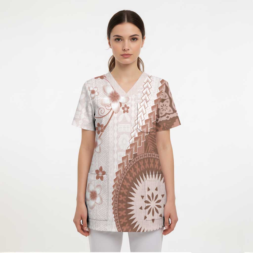 Bula Fiji Scrub Top Brown Plumeria Masi Tapa Pattern - Polynesian Pride