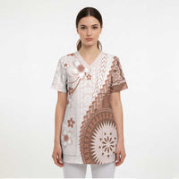 Bula Fiji Scrub Top Brown Plumeria Masi Tapa Pattern - Polynesian Pride