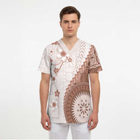 Bula Fiji Scrub Top Brown Plumeria Masi Tapa Pattern - Polynesian Pride