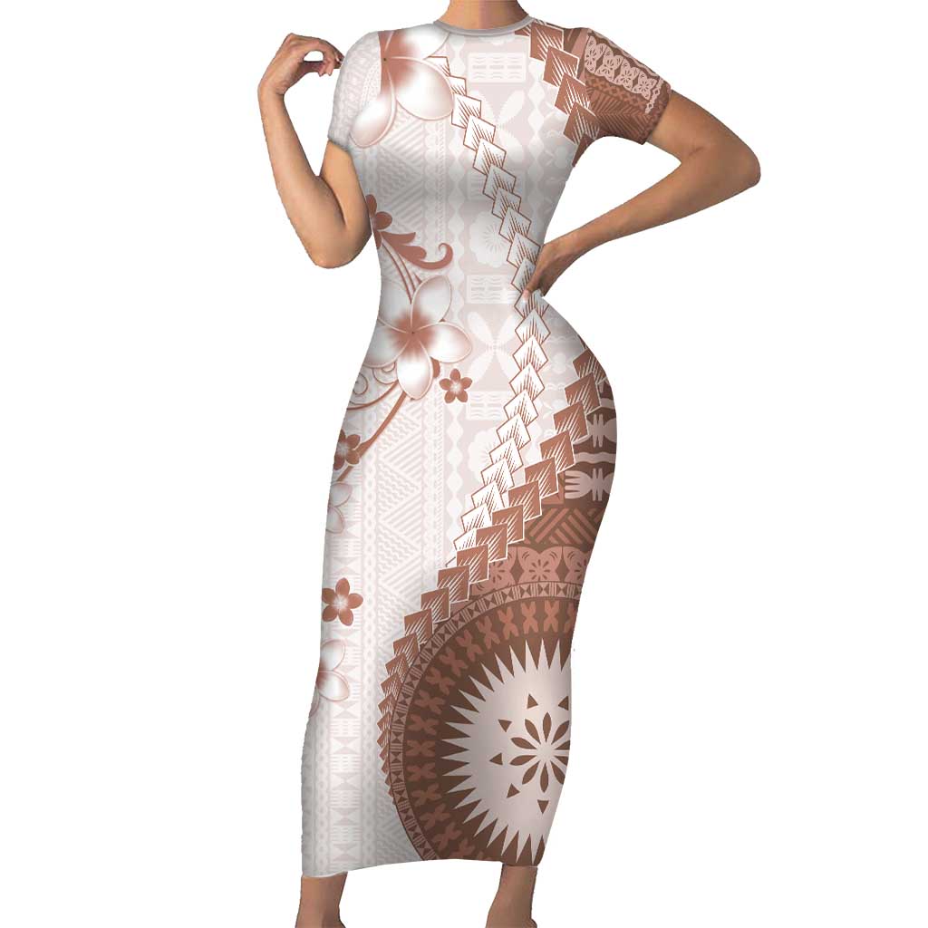 Bula Fiji Short Sleeve Bodycon Dress Brown Plumeria Masi Tapa Pattern - Polynesian Pride