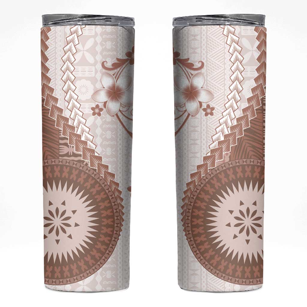 Bula Fiji Skinny Tumbler Brown Plumeria Masi Tapa Pattern - Polynesian Pride