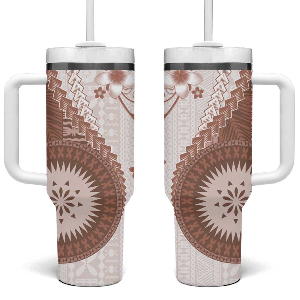 Bula Fiji Tumbler With Handle Brown Plumeria Masi Tapa Pattern - Polynesian Pride