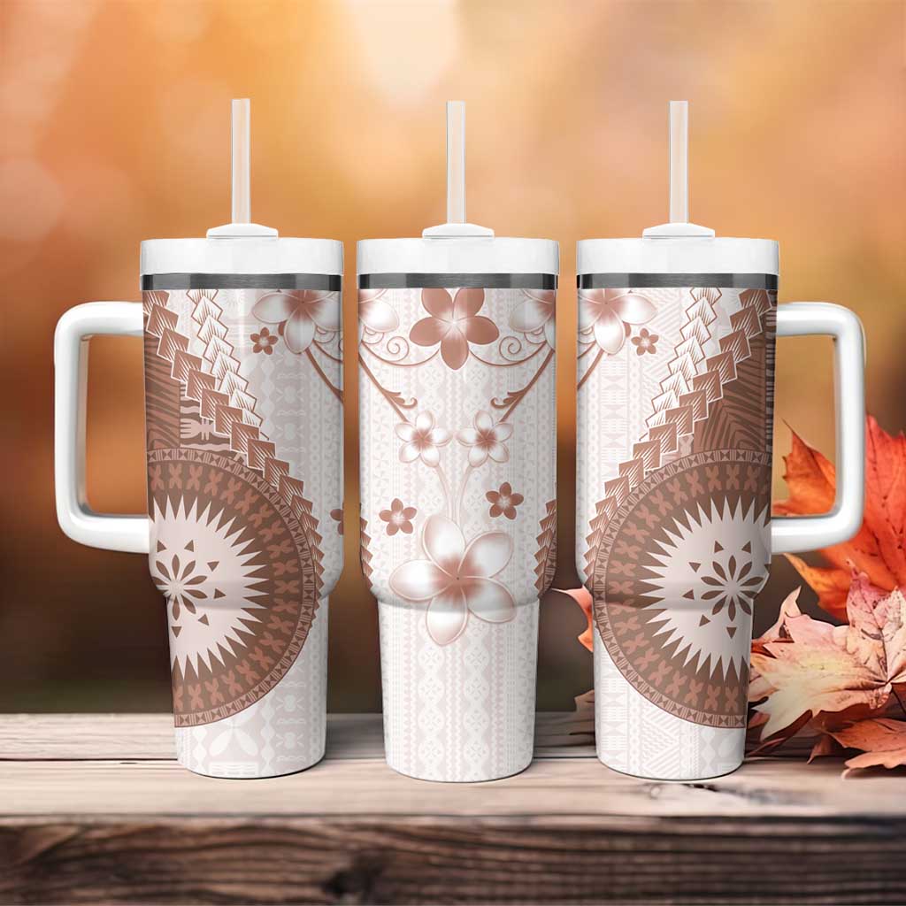 Bula Fiji Tumbler With Handle Brown Plumeria Masi Tapa Pattern - Polynesian Pride