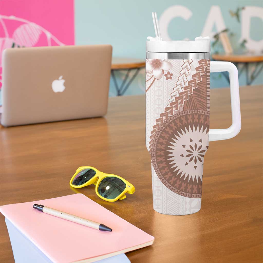 Bula Fiji Tumbler With Handle Brown Plumeria Masi Tapa Pattern - Polynesian Pride