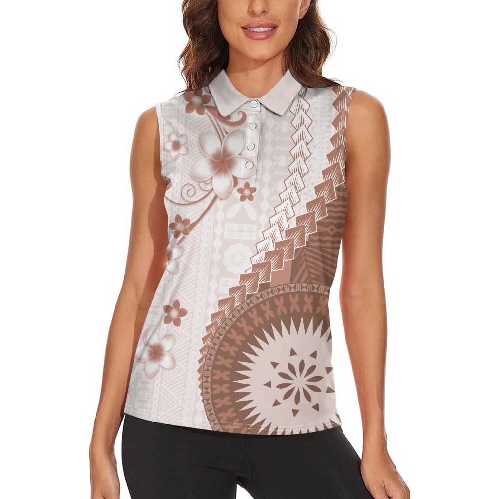Bula Fiji Women Sleeveless Polo Shirt Brown Plumeria Masi Tapa Pattern LT05 - Polynesian Pride