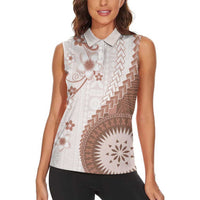 Bula Fiji Women Sleeveless Polo Shirt Brown Plumeria Masi Tapa Pattern LT05 - Polynesian Pride