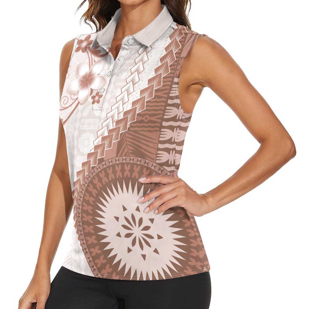 Bula Fiji Women Sleeveless Polo Shirt Brown Plumeria Masi Tapa Pattern LT05 - Polynesian Pride