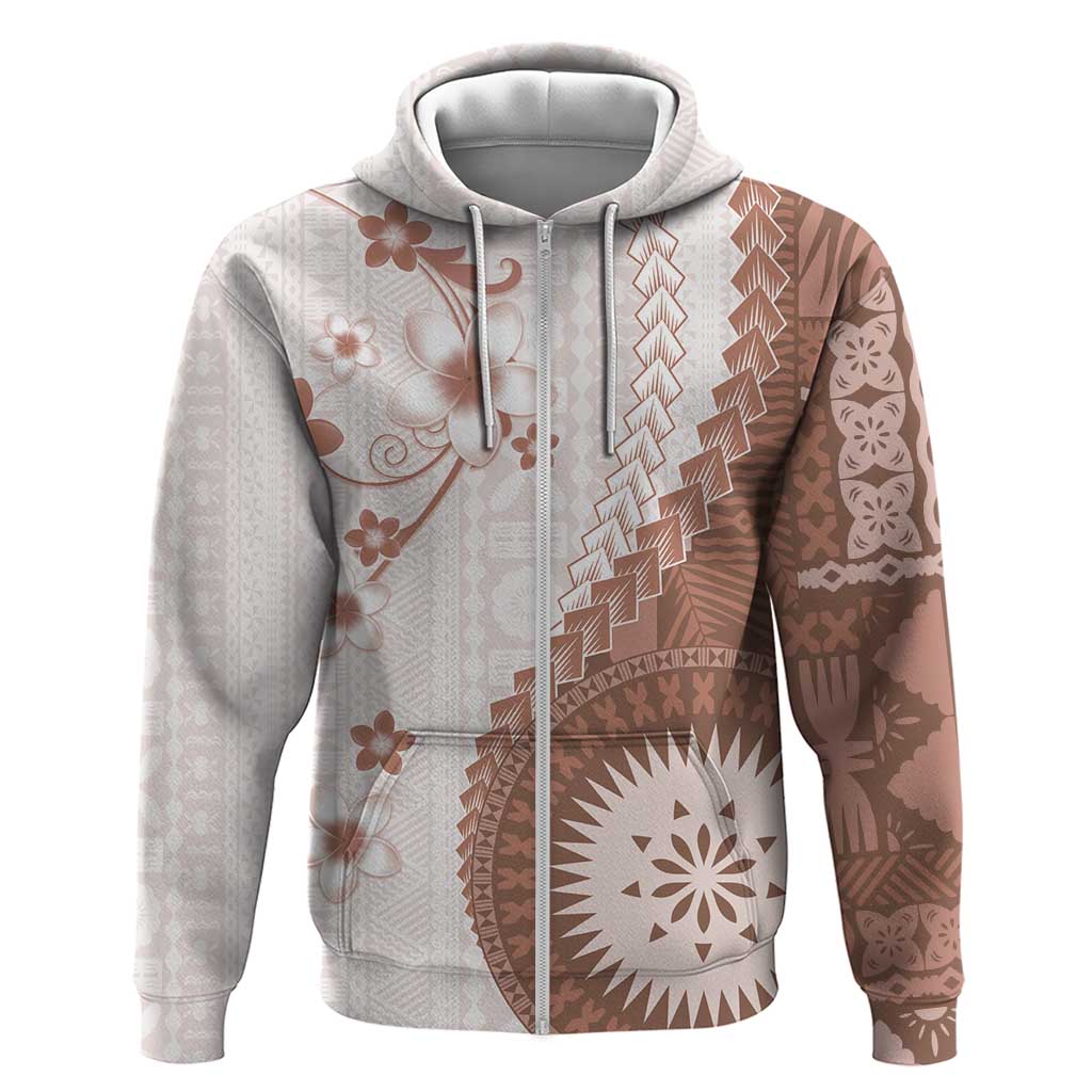 Bula Fiji Zip Hoodie Brown Plumeria Masi Tapa Pattern - Polynesian Pride
