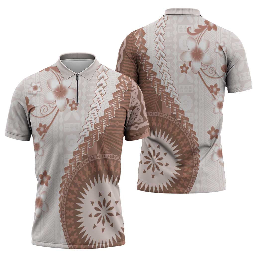 Bula Fiji Zipper Polo Shirt Brown Plumeria Masi Tapa Pattern - Polynesian Pride