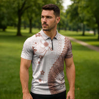 Bula Fiji Zipper Polo Shirt Brown Plumeria Masi Tapa Pattern - Polynesian Pride