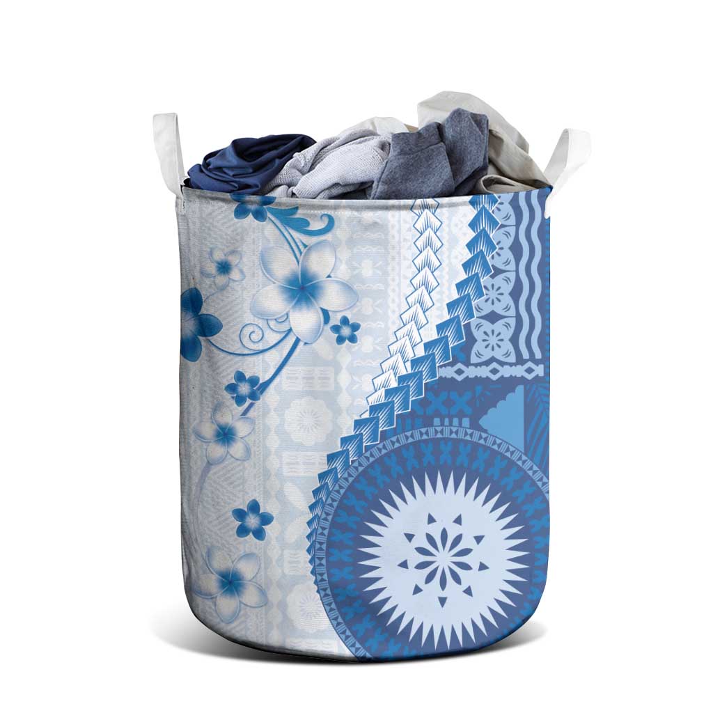 Bula Fiji Laundry Basket Blue Plumeria Masi Tapa Pattern - Polynesian Pride