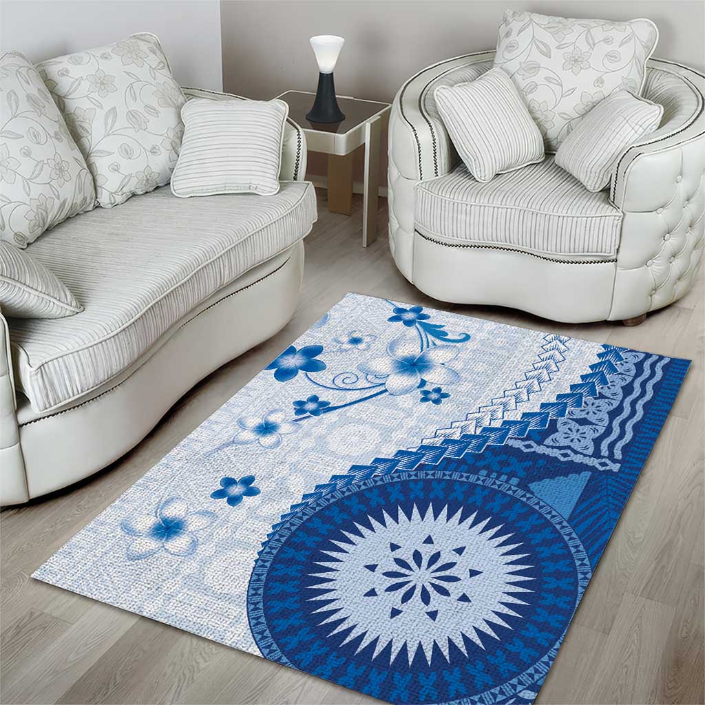 Bula Fiji Area Rug Blue Plumeria Masi Tapa Pattern - Polynesian Pride
