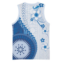 Bula Fiji Basketball Jersey Blue Plumeria Masi Tapa Pattern - Polynesian Pride