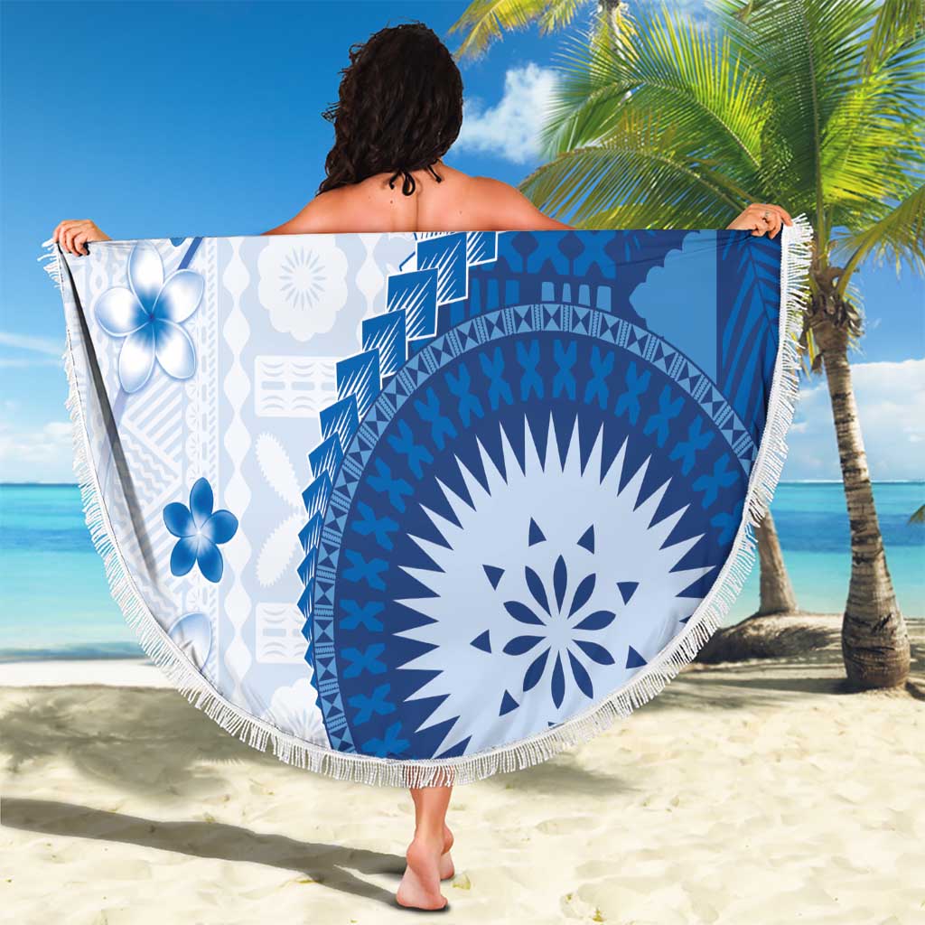 Bula Fiji Beach Blanket Blue Plumeria Masi Tapa Pattern - Polynesian Pride
