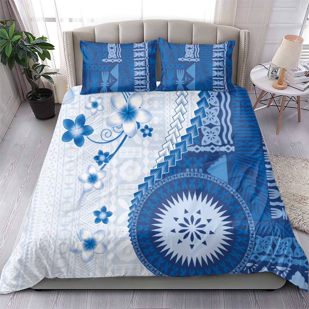 Bula Fiji Bedding Set Blue Plumeria Masi Tapa Pattern - Polynesian Pride